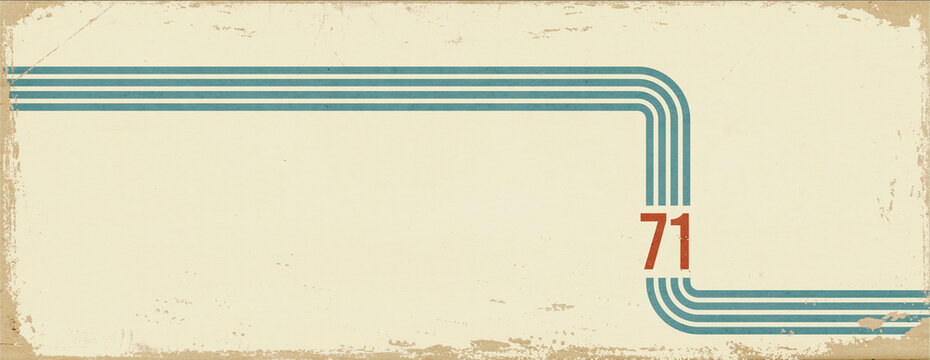 1970s sports banner with copyspace. Vintage colored stripes and the number 71 on grunge, bleached out paper texture with scratches and folds.