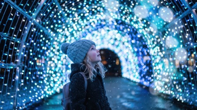 Merry Christmas Young child in winter hat looking up with wonder at glowing blue tunnel of Christmas lights in snowy evening