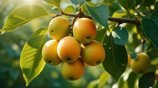 Ripe golden fruits hang in clusters on a tree branch, bathed in sunlight.