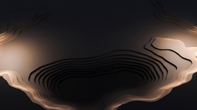 Dark sky reserve light pollution zoning map night topography background, high altitude orthographic pitch black basin contour with warm amber glow for astrotourism and nocturnal habitat campaign