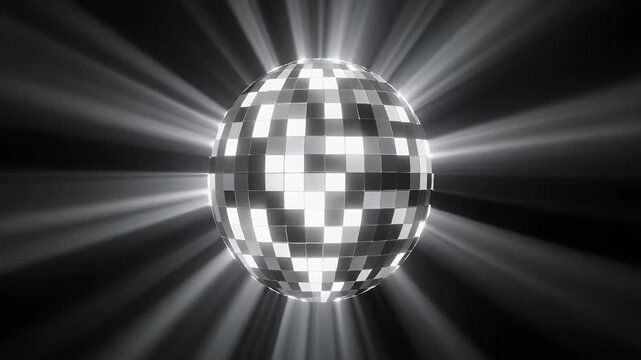A reflective disco ball emits light beams against a dark background.