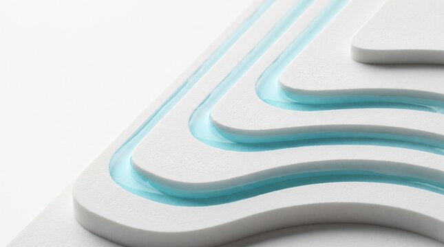 Microfiltration porous ceramic membrane nano topography relief background, macro angled clean sterile white fluid channels with glowing cyan liquid for water desalination and biopharma technology