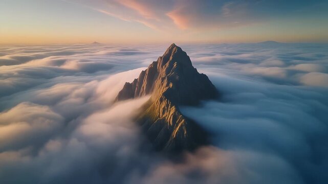Majestic mountain peak emerges from a sea of clouds at sunrise.