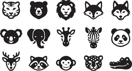 Fototapeta premium Collection of wild animal icons arranged in a grid pattern on white background