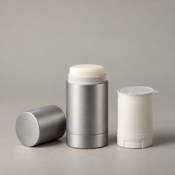 Refillable aluminum deodorant stick case mockup with replaceable cartridge on gray background