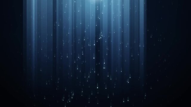 Abstract dark blue digital rain effect with glowing particles falling from light rays, technology background