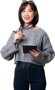 Cheerful asian woman holding digital tablet and stylus pen working with artificial intelligence chatbot technology on transparency background isolated cut out