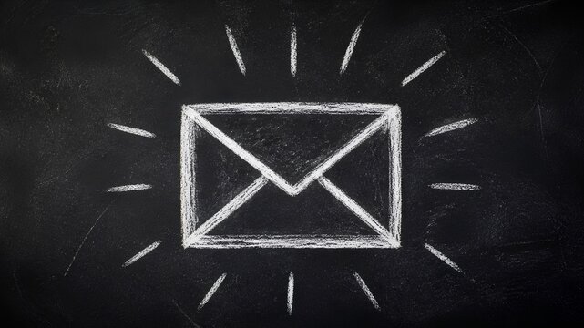 Chalk drawing of an envelope icon with radiating lines on a blackboard