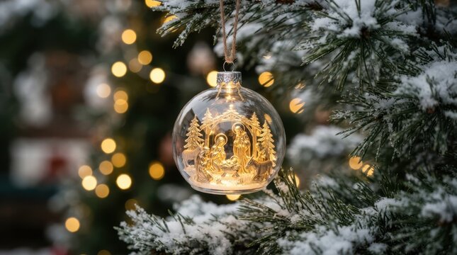 Merry Christmas Glass Christmas ornament with golden nativity scene inside hanging on snow covered pine tree on Merry Christmas Day