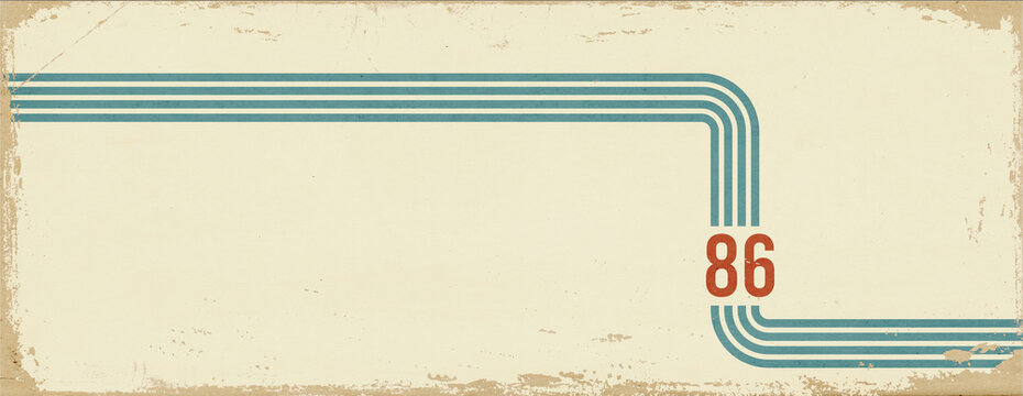 1980s sports banner with copyspace. Vintage colored stripes and the number 86 on grunge, bleached out paper texture with scratches and folds.