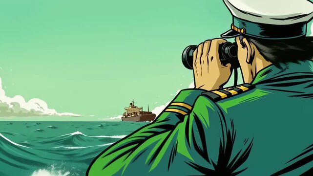 Sailor Scanning Horizon with Binoculars Aboard Ship during Ocean Voyage Cinematic Illustration Maritime Navigation Concept
