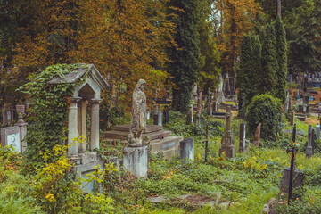 Fototapeta premium Ancient European cemetery with stone angels and historic tombstones