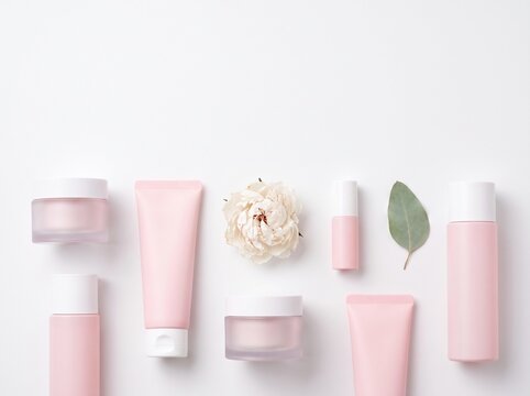 Flat lay of pastel pink unlabelled skincare tube jar and bottle collection with peony and eucalyptus leaf on white background