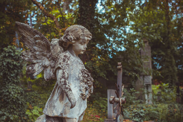 Fototapeta premium Ancient European cemetery with stone angels and historic tombstones