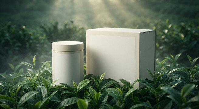 Botanical Infusion: Clean white tea product container mock-up thriving within a lush green botanical sanctuary