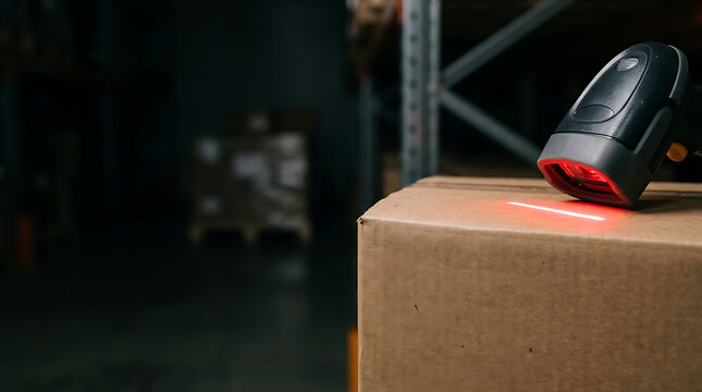 Professional handheld barcode scanner reading a cardboard box in a logistics warehouse for video tracking and inventory