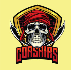 Fototapeta premium Retro detailed illustration of a pirate skull with red bandana and crossed swords inside shield badge with text Corsairs
