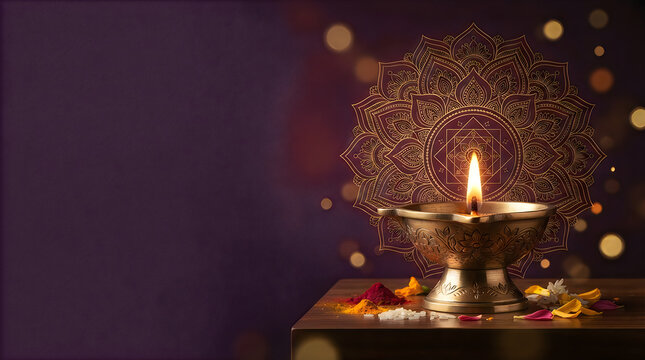A traditional brass diwi oil lamp glowing beautifully against a dark purple background for the celebration of the indian festival