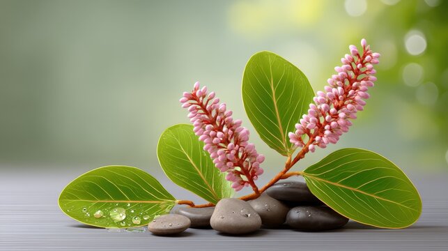 Spring wellness background with pink flower blossoms and spa stones