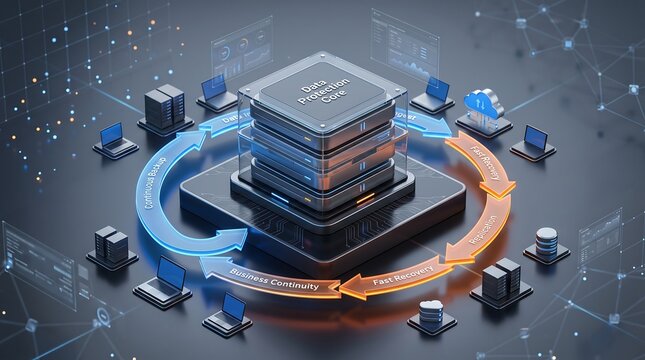 Enterprise data protection and business continuity concept featuring glowing central server with backup replication workflow arrows