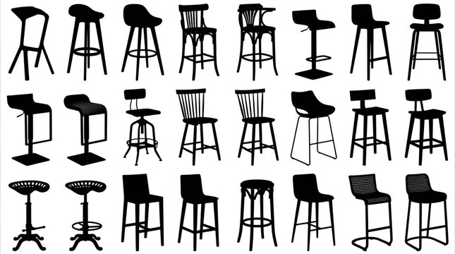 Grid Collection of Black Bar Stool Silhouettes on White Background