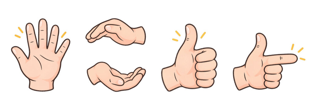 Hand drawn hand gesture set with high five, cupping hands, thumbs up, and pointing finger isolated on white background