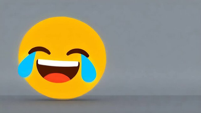 Yellow laughing smiley face emoji with blue tears on pure white background