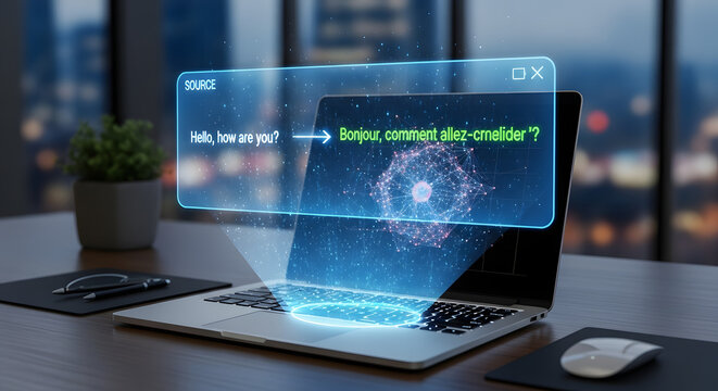 Futuristic Digital Language Translator Interface Displaying Real-Time Linguistic Conversion on a Laptop Screen