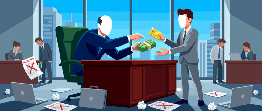 Corporate Bribery: Dishonest businessmen exchanging cash bundles inside messy corporate office
