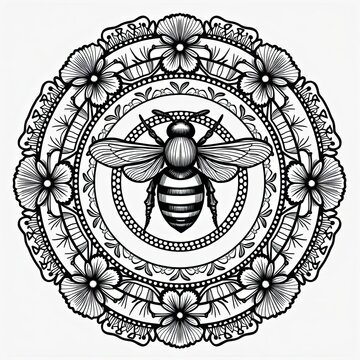 Intricate black and white mandala featuring a detailed bee surrounded by floral patterns