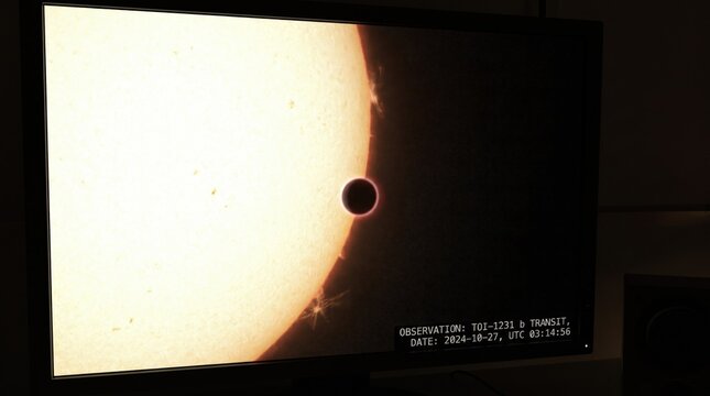 Screen displaying a planet transit across the bright sun during a space observation event