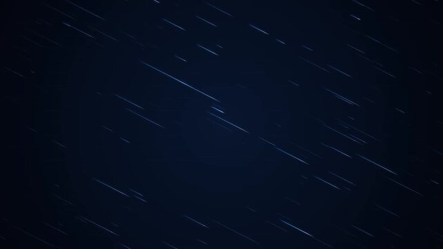 Dark blue abstract background with diagonal streaks of glowing small blue dots, digital rain effect, technology or space theme
