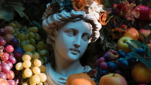 Aphrodite sculpture surrounded by colorful fruit and flowers