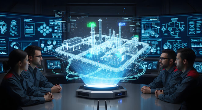 Engineers Collaborating on Industrial Digital Twin Technology Using Advanced 3D Holographic Modeling in a Modern High-Tech Control Room Environment