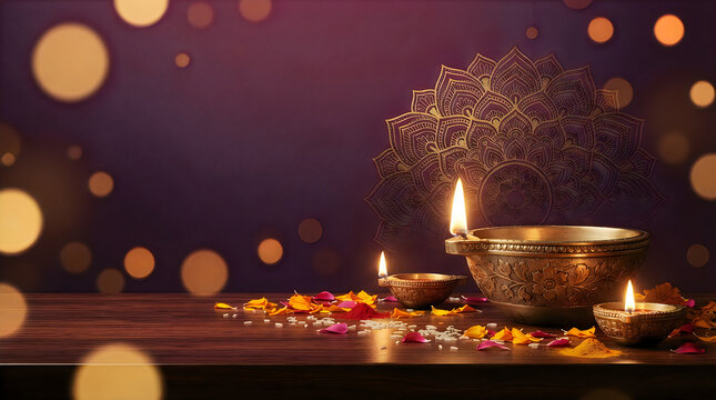 Beautiful diwi celebration background featuring traditional oil lamps and golden bokeh lights on a wooden table for the festival of lights
