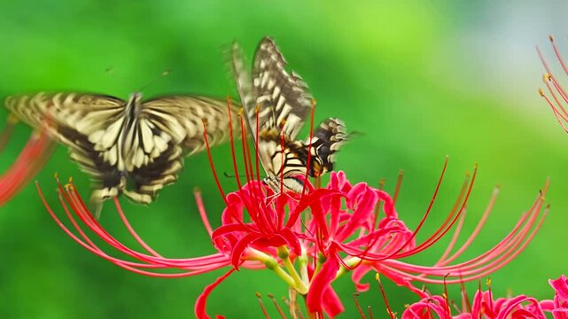 Two Japanese swallowtail butterflies chasing each other around red spider lily (Lycoris radiata)