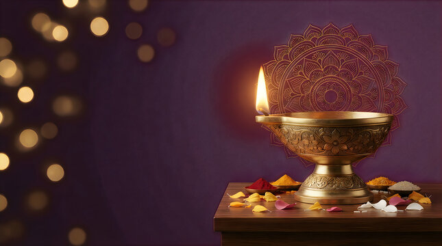 A glowing golden oil lamp used during the traditional diwi festival celebration with warm bokeh lights on a purple background