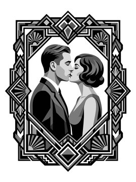 Art Deco Romance: Vintage couple kissing inside elegant black and white geometric frame
