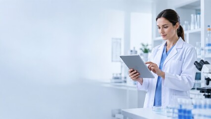 Plakat Professional female scientist using digital tablet in modern laboratory environment for clinical research analysis