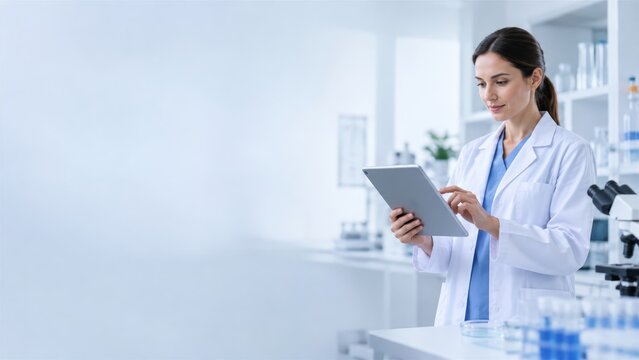 Professional female scientist using digital tablet in modern laboratory environment for clinical research analysis