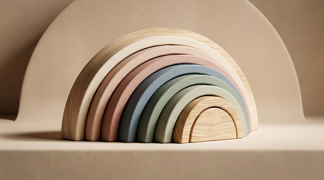 Stacked wooden rainbow-colored arches arranged in a semi-circle against a neutral studio background
