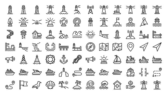 60 Minimal Lighthouse and Ocean Navigation Line Icons Featuring Beacon Towers Coastal Signals Ships Waves Buoys Compass and Vector Art