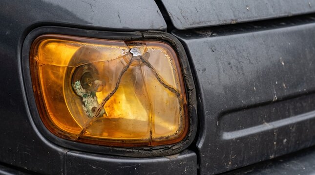 Broken car headlight close up. Damaged orange indicator light on a dark vehicle. Auto accident concept