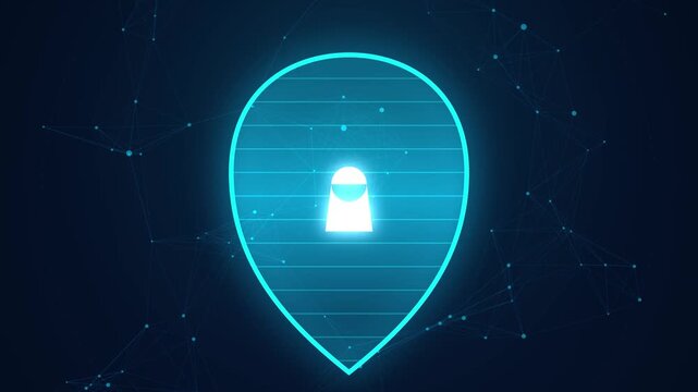 Digital location marker icon with pixelated silhouette inside, glowing blue outline on a dark network background, technology and navigation concept