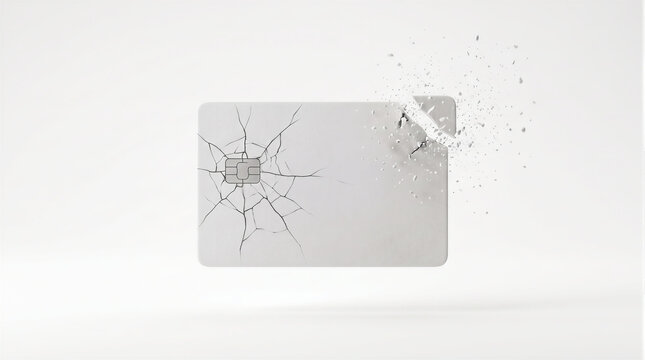 3D credit card breaking apart with shattered corner and cracked microchip. Visual concept for payment failure, debt, credit limit, cyber fraud, and financial crisis.