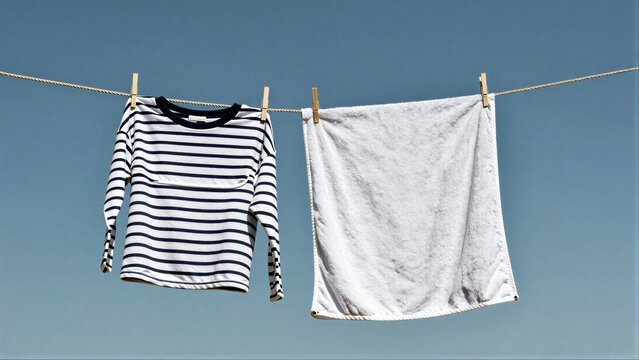 Striped shirt and white towel hang on line against clear blue sky.