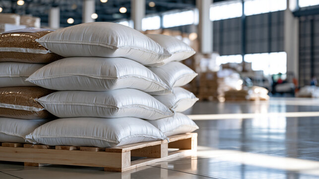 Bright clean airport cargo hangar with sacks of grain and wheat prepared for food export international logistics concept supply chain operations agricultural trade clean daylight