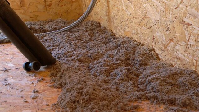 rofessional installation of loose-fill cellulose fiber insulation using blowing hose pipe in frame house. Eco-friendly building thermal insulation.