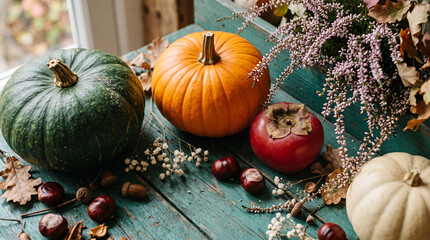 Obraz premium Arrangement of pumpkins, persimmon, heather, acorns, and chestnuts on a distressed wooden surface, representing autumn harvest and seasonal decor