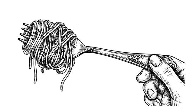 Italian Spaghetti on Fork Vintage Engraving Black Ink Vector Illustration